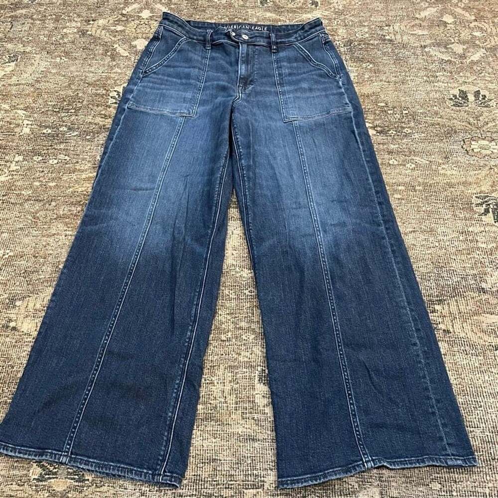 American Eagle Super High Rise Baggy Wide Leg Jeans Womens 14 Dark Wash Denim